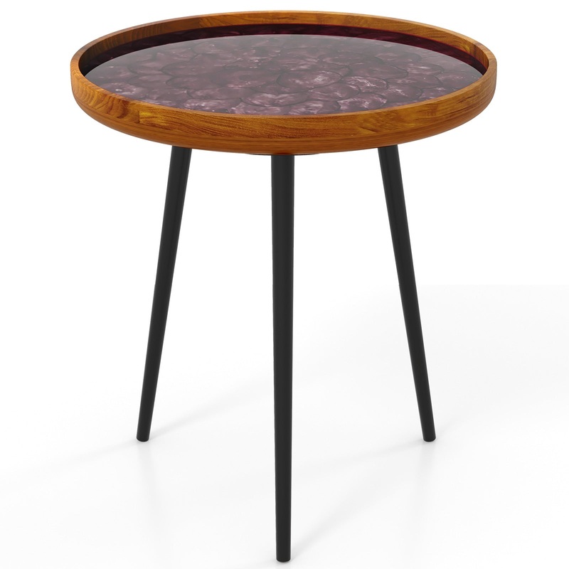 20 Inch Round End Table with Sea Shell Decoration and Epoxy Resin Finish, Brown