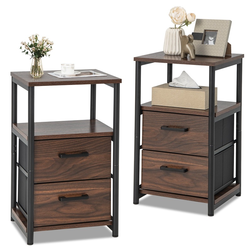 Bedside Table Set of 2 with Removable Fabric Drawers and Metal Frame, Walnut