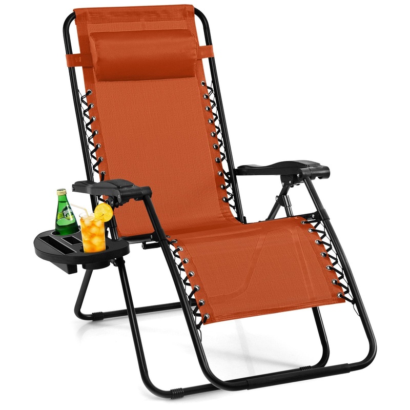 Outdoor Folding Zero Gravity Reclining Lounge Chair with Utility Tray, Orange