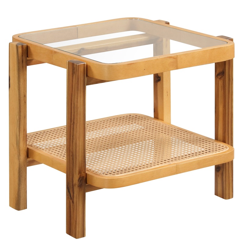 Rattan 2-Tier End Side Table with Tempered Glass Top Acacia Wood Legs, Natural