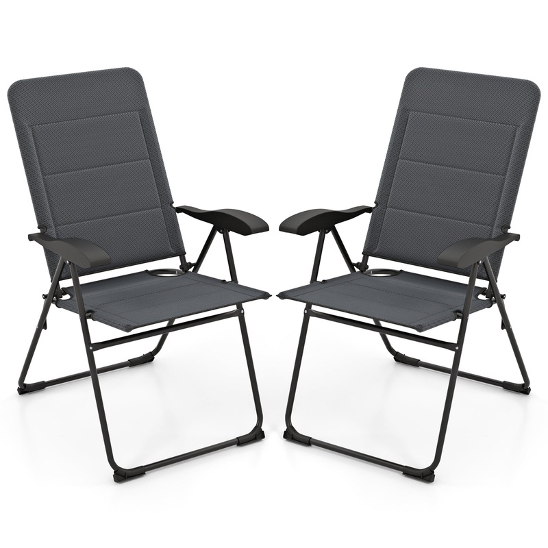 2 Pieces Outdoor Folding Patio Chairs with Adjustable Backrests for Bistro and Backyard, Gray