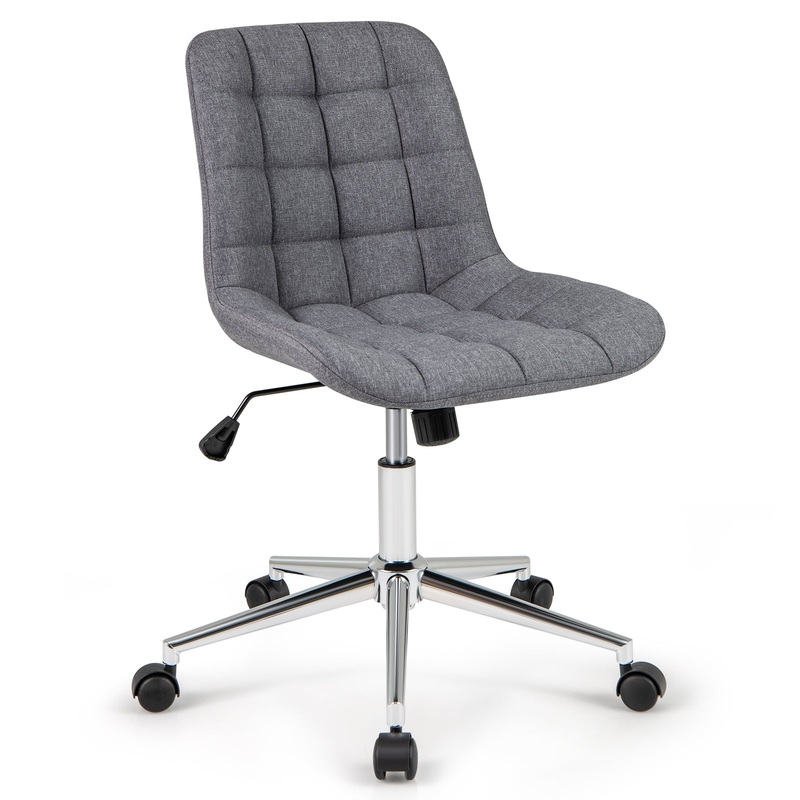 Armless Office Chair Upholstered Makeup Vanity Chair with Adjustable Height and Wheels-Grey, Gray