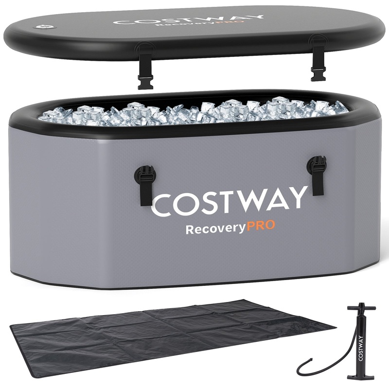 XL 129 Gal Oval Ice Bath Tub with Cover and Hand Pump for Athletes, Gray