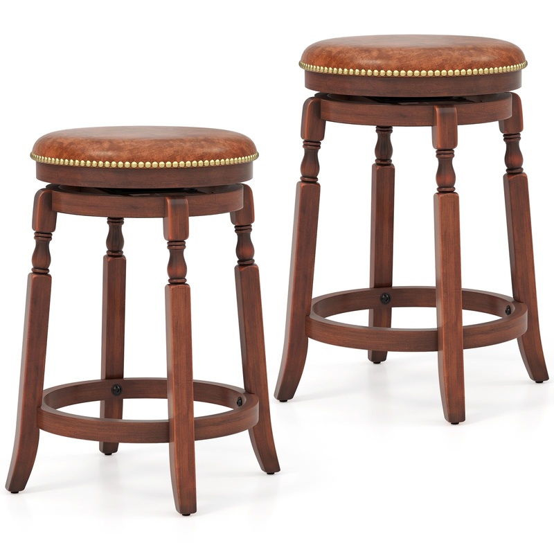 24 Inch Swivel Bar Stool Set of 2 with Upholstered Seat and Rubber Wood Frame-24 inches, Brown