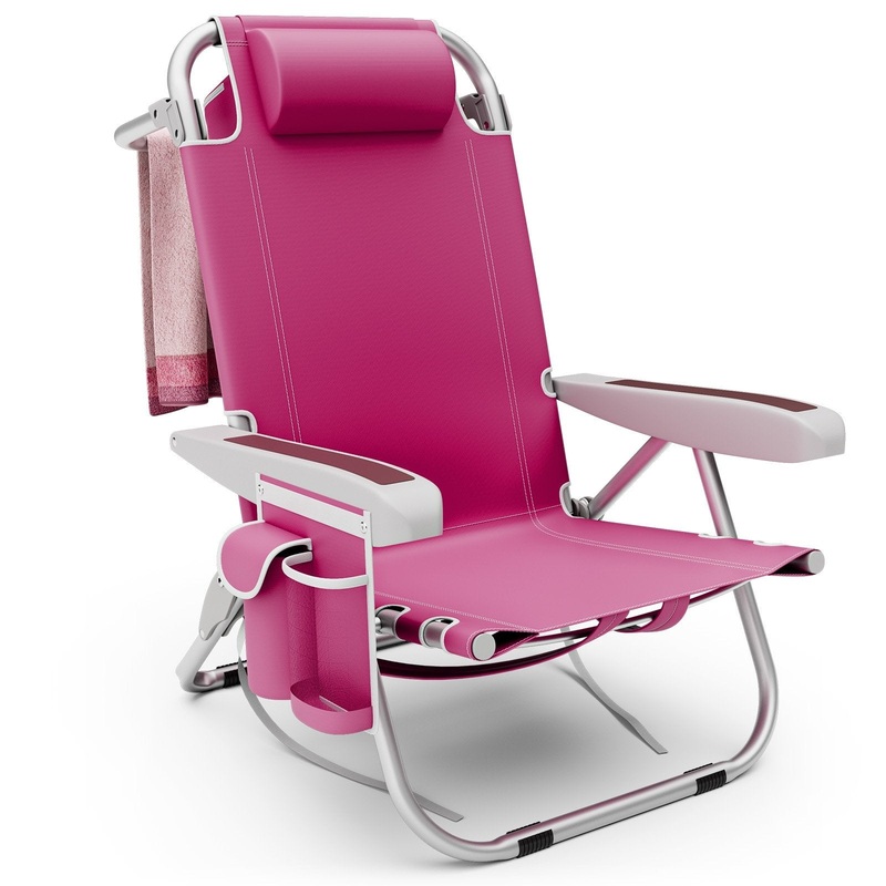 1 Piece Foldable Backpack Beach Chair with Cup Holder and Storage Pockets for Outdoor, Pink