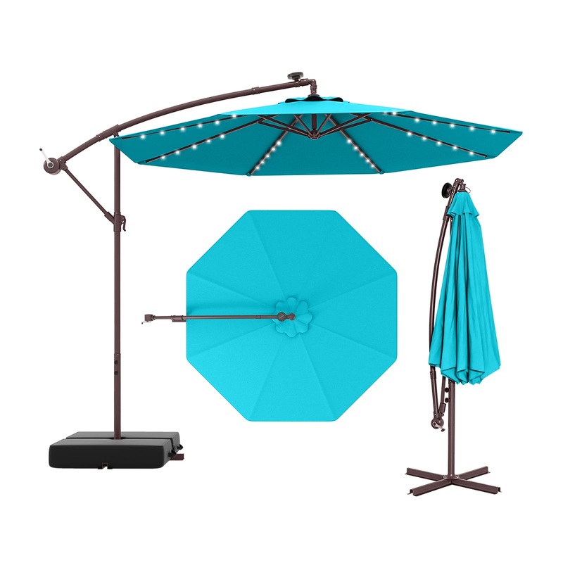 10 Ft Patio Umbrella Offset Cantilever Umbrella with 40 Solar Powered Lights, Turquoise