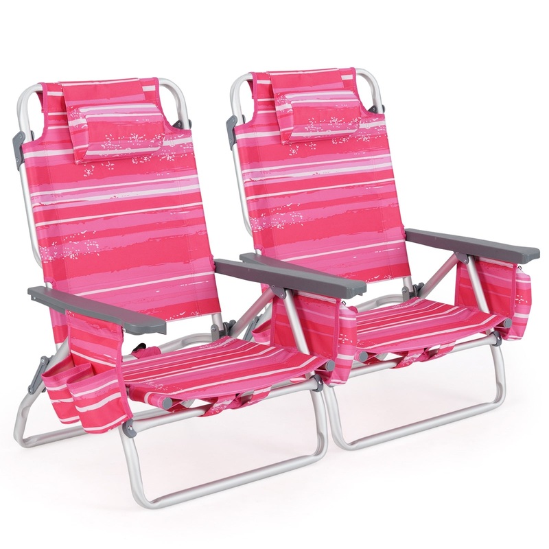 2 Pieces Folding Backpack Beach Chair with Pillow-Hot Pink, Red & White