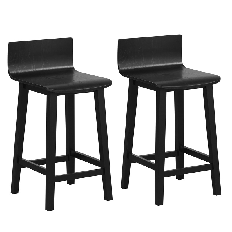 Wood Bar Stools Set of 2 with Solid Back and Seat, Black