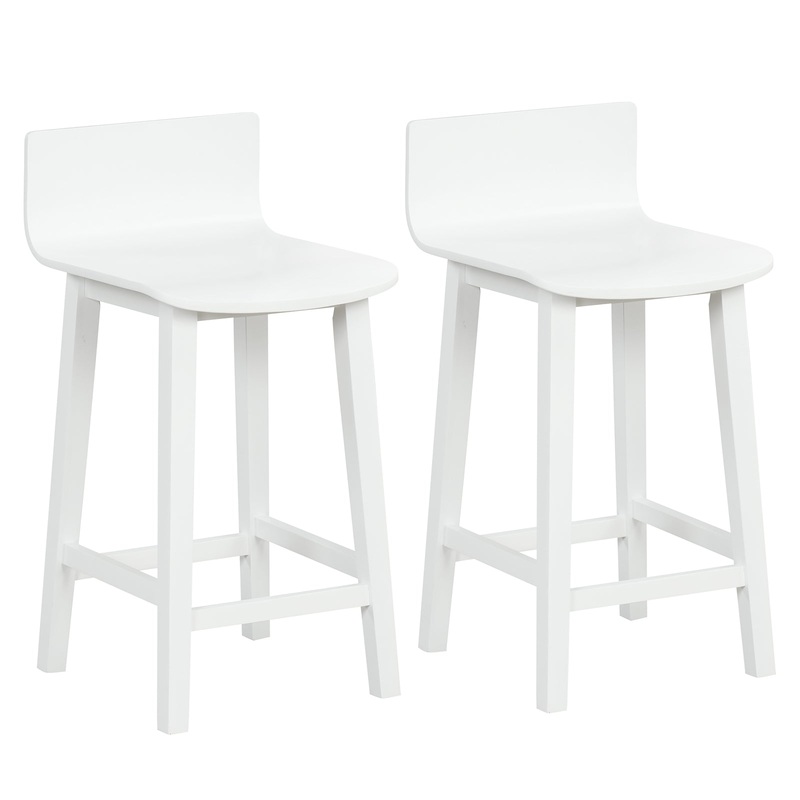 Wood Bar Stools Set of 2 with Solid Back and Seat, White