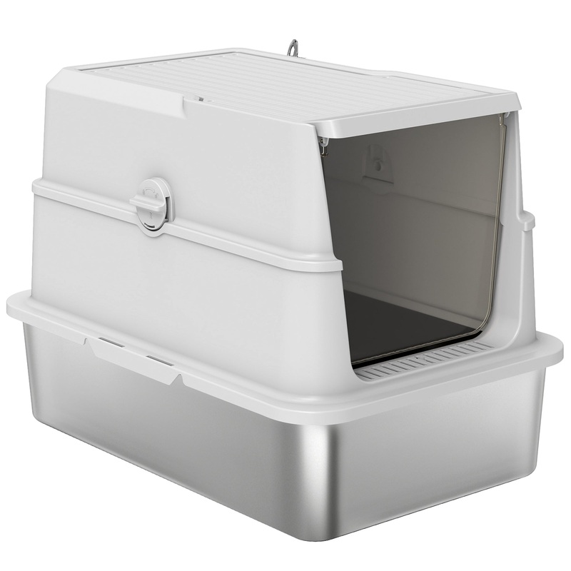 XL Stainless Steel Cat Litter Box for Big Cats with Flip Top, Scoop, Easy Clean &; No Odors, Non-Sticky