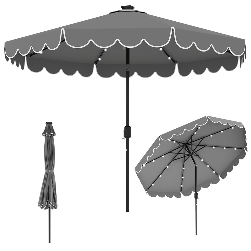 10 Feet Solar Patio Umbrella with 24 LED Lights, Gray