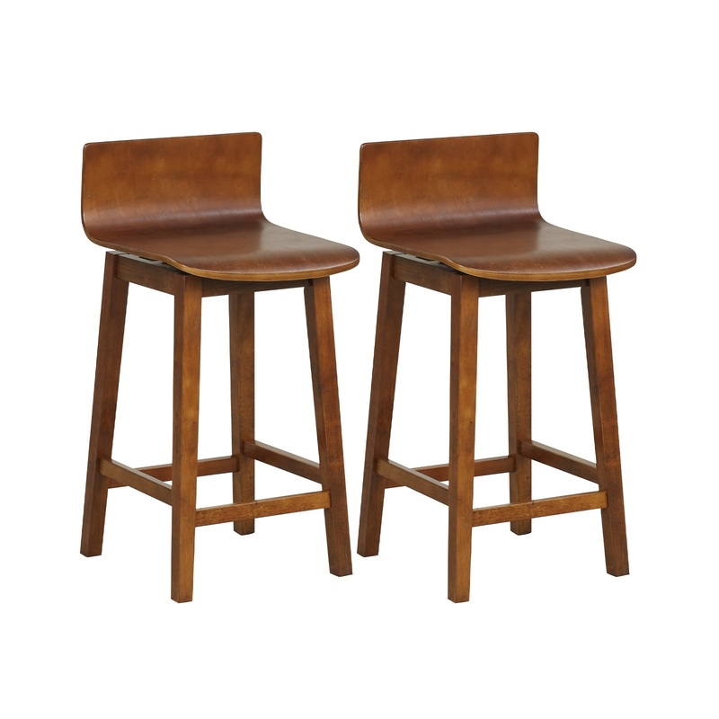 24.5 Inch Swivel Wooden Bar Stools Set of 2 with Rubber Wood Legs and Low Back, Walnut