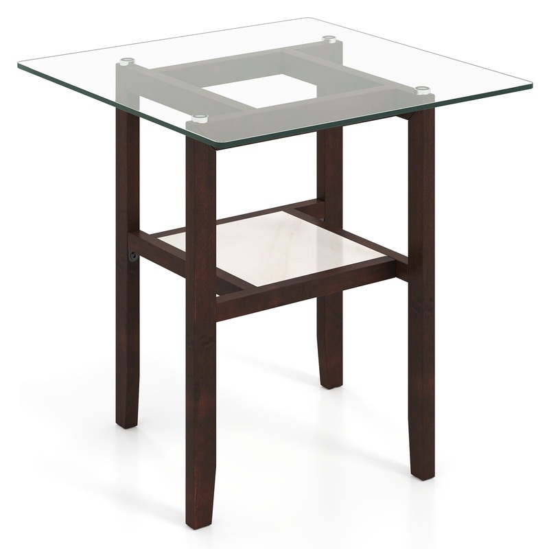 24 Inch 2-Tier Square Glass Coffee Table Center Table with Storage Shelf, Brown