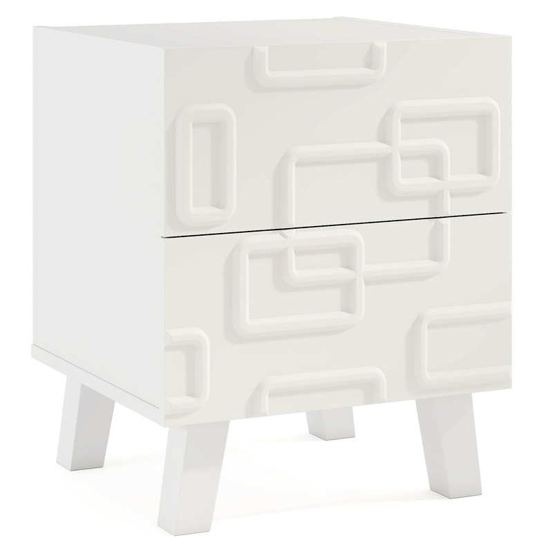 Modern Nightstand Side Table with Drawers and 3D Geometric Patterns, White