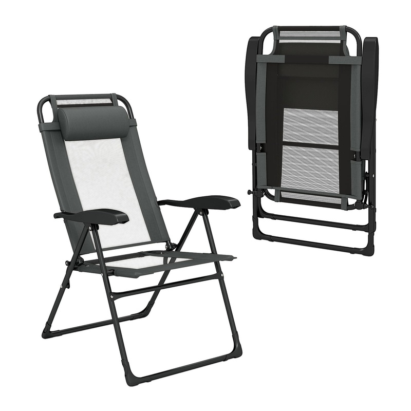Outdoor Folding Chairs Set of 2 with Armrests and 7-Level Backrest, Gray