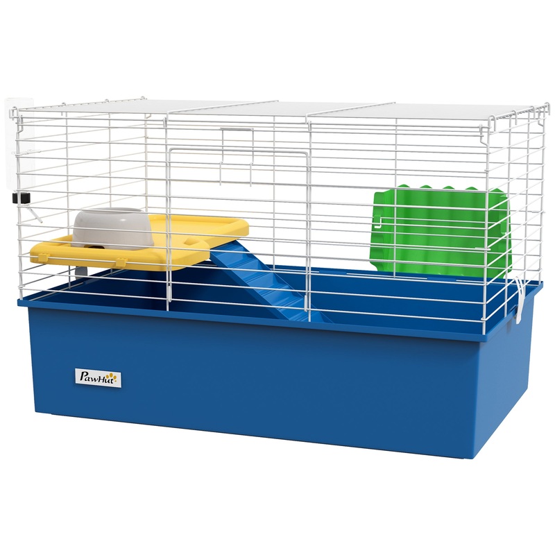 18.5 Small Animal Cage, Water Bottle, Food Dish, Platform, Ramp, Blue