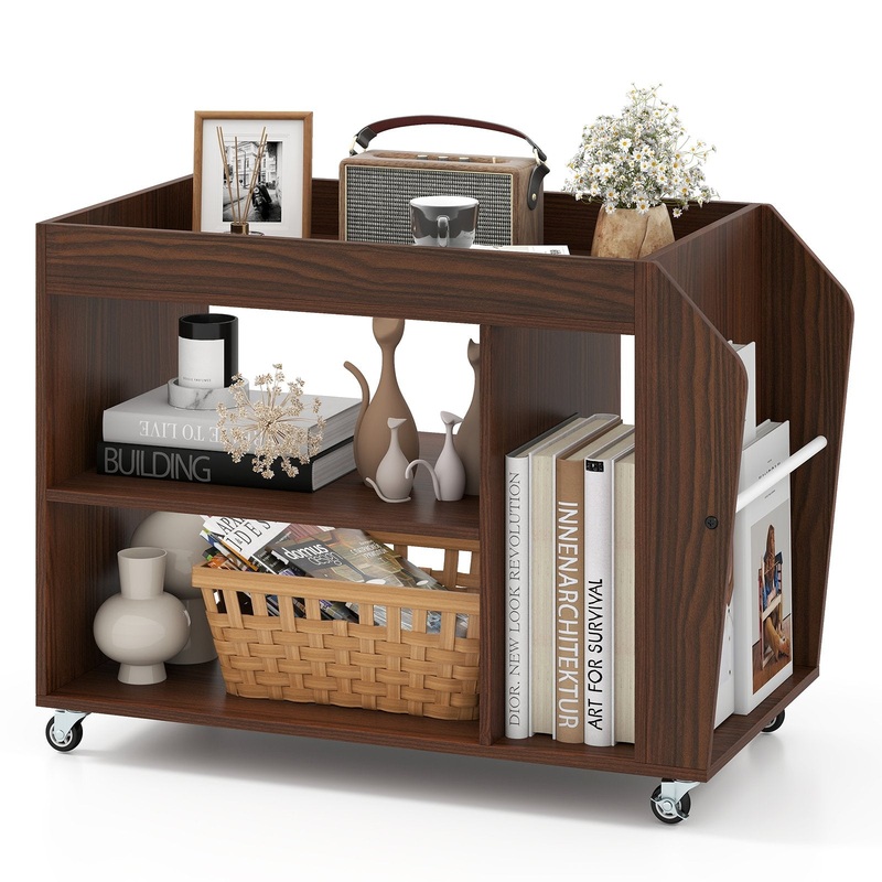 3-Tier Side End Table with Universal Wheels, Walnut