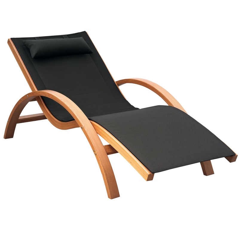 Outdoor Wood Chaise Lounge, Recliner Patio Chair with Headrest, Teak, Black