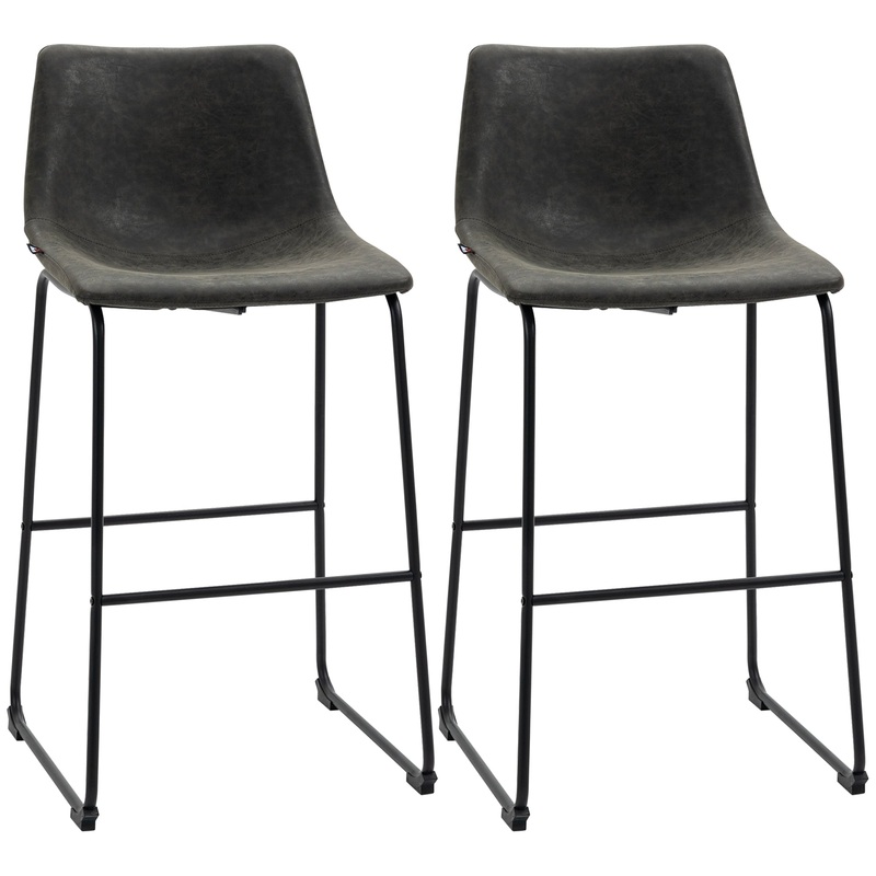 Vintage PU Leather Bar Stools, Set of 2, With Footrest, Dark Grey