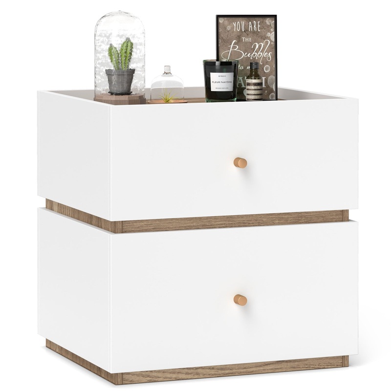 2-Drawer Modern Nightstand with Storage for Living Room Bedroom, Natural & White