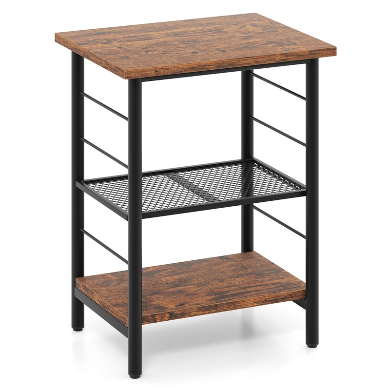 3-Tier End Table Space-Saving Nightstand Industrial Bedside Table for Living Room Bedroom, Rustic Brown