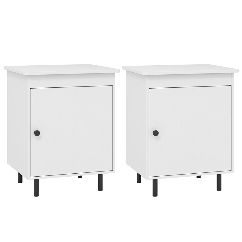 Nightstand Mid Century End Tables with Door-Set of 2, White