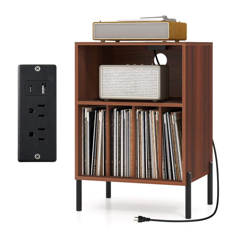 Record Player Stand with Record Storage Shelf and Charging Station, Walnut