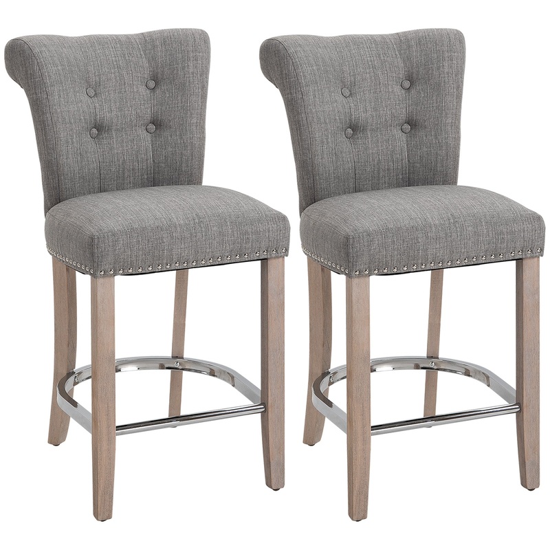Upholstered Counter Height Bar Stools, Set of 2, Wood Legs, Grey
