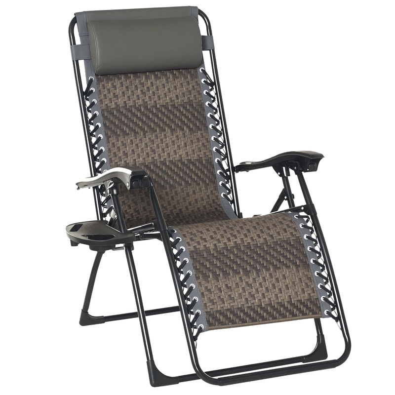 Wicker Folding Lounge Chair, Adjustable Backrest, Rattan Recliner with Headrest, Side Table Tray, Grey
