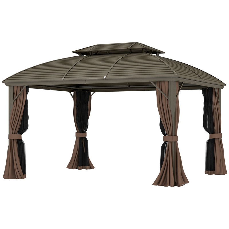 10′ x 12′ Hardtop Gazebo, Double Roof, Netting, Curtains, Garden, Backyard