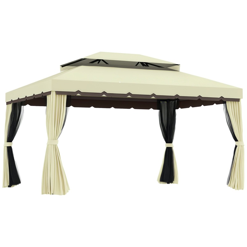 10’x13′ Soft-top Aluminum Gazebo Deck Canopy Double Tier Garden Shelter with Netting and Curtains, Cream White