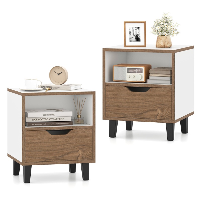 Nightstand Set of 2 with Drawer and Open Storage Shelf for Bedroom, White