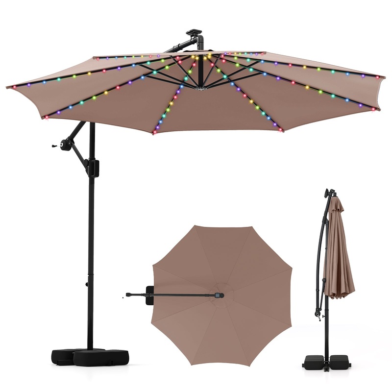 10 Feet Solar Offset Hanging Umbrella with Base and LED Lights, Coffee