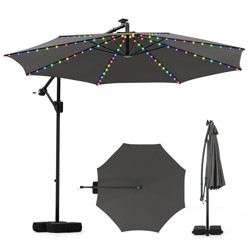 10 Feet Solar Offset Hanging Umbrella with Base and LED Lights, Gray