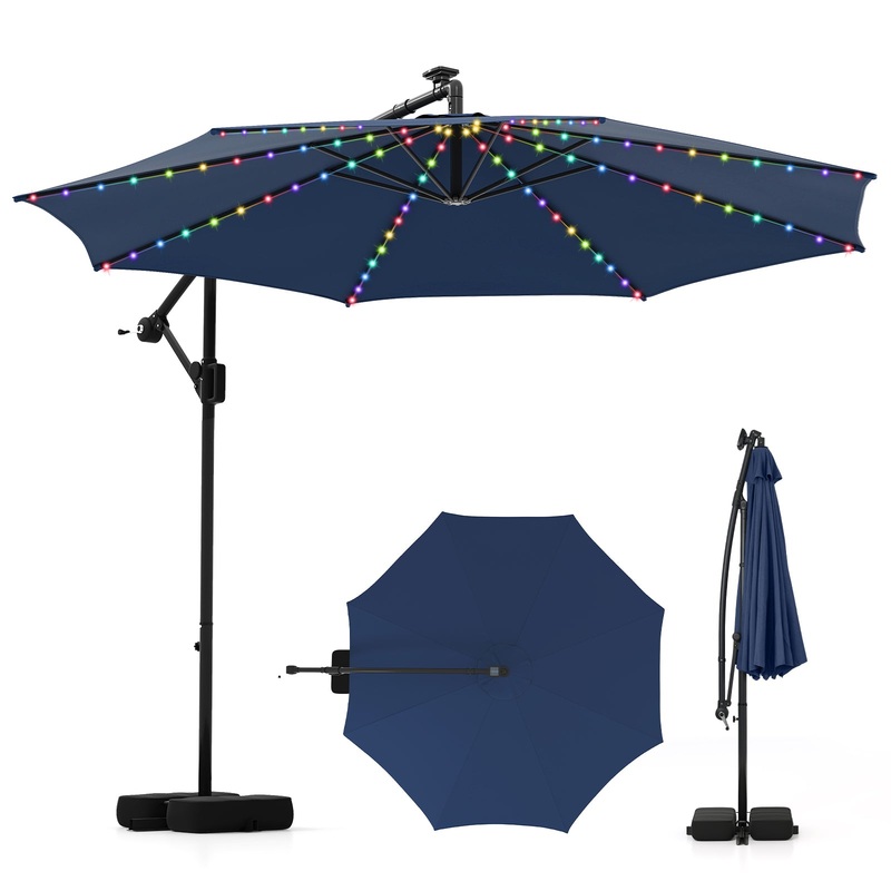10 Feet Solar Offset Hanging Umbrella with Base and LED Lights, Navy