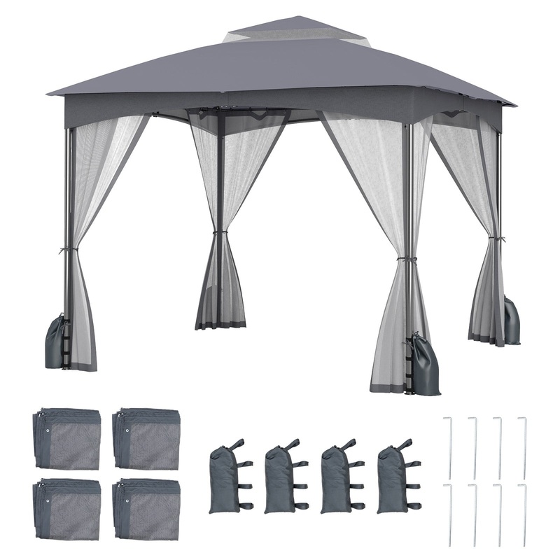 10 X 10 FT Heavy-Duty Patio Gazebo with Netting Walls and 4 Sandbags, Gray