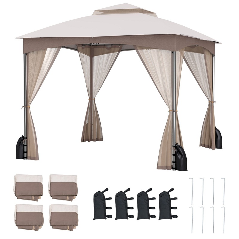 10 X 10 FT Heavy-Duty Patio Gazebo with Netting Walls and 4 Sandbags, Khaki