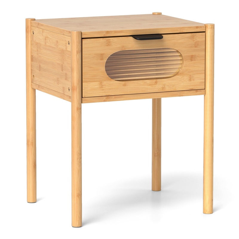 Bamboo Nightstand Square Tall End Table with Decorated Drawer, Natural