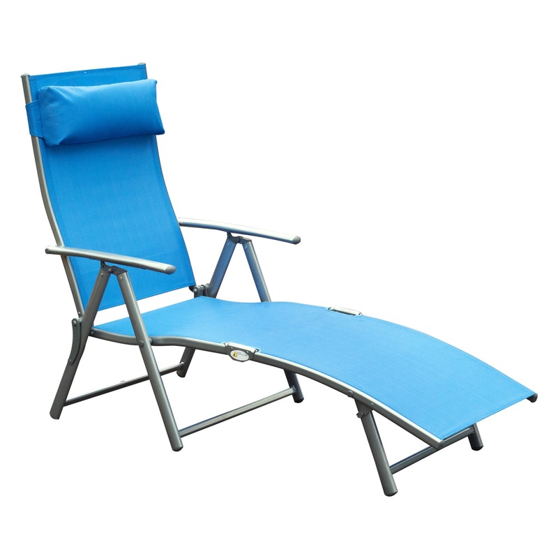 Heavy-duty Adjustable Folding Reclining Chair Outdoor Sun Lounger Patio Chaise Lounge Garden Beach Gravity Lounge with Pillow, 7 Adjustable Backrest Positions, Blue