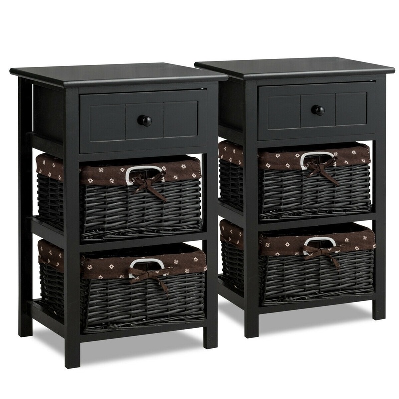 Set of 2 3-Layer 1 Drawer Wood Bedside End Table, Black