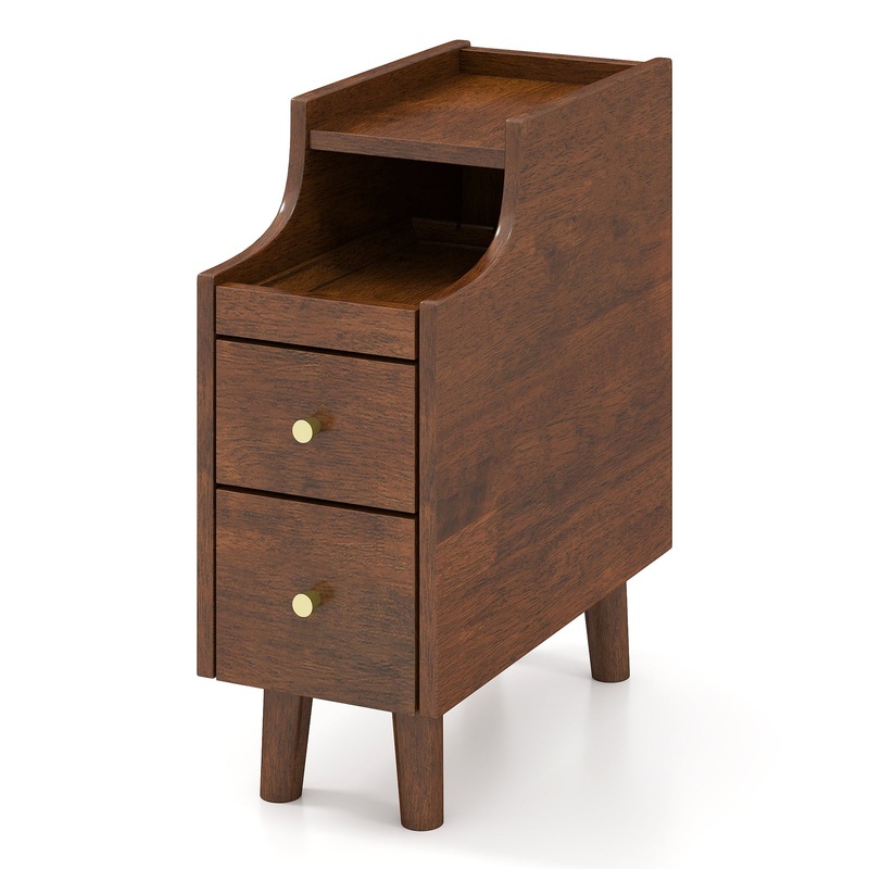 Solid Wood End Table Narrow Bedside Table with Pull-out Tray and 2 Storage Drawers, Brown