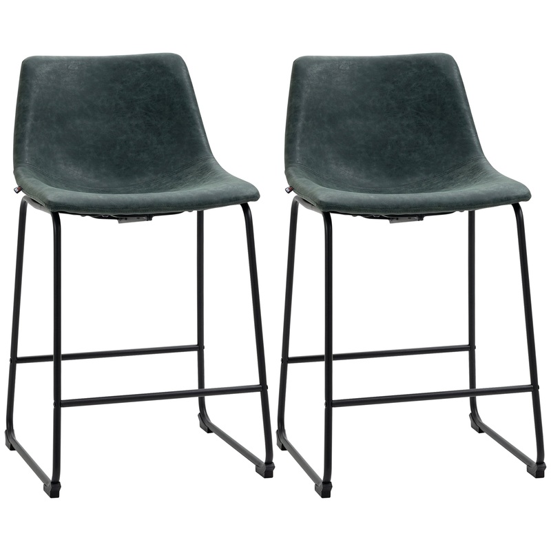 Vintage PU Leather Bar Stools Set of 2, Kitchen Stool with Footrest, Green