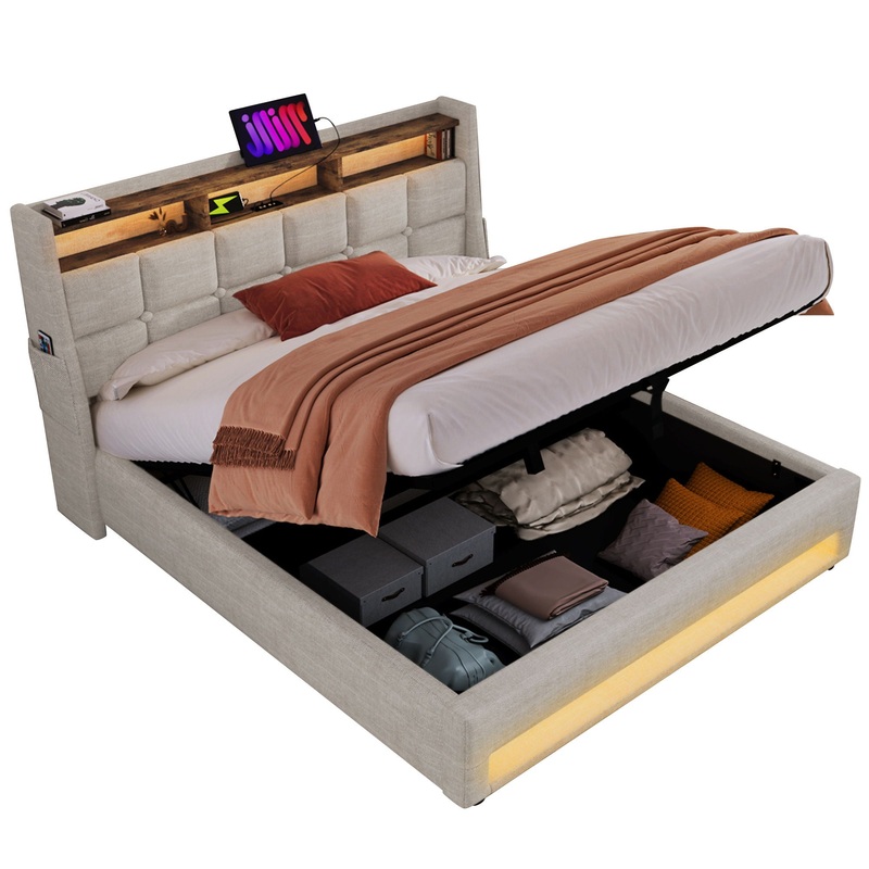 Queen Size Upholstered Platform Bed With A Hydraulic Storage System, LED And USB Charging (Without Mattress) – Natural