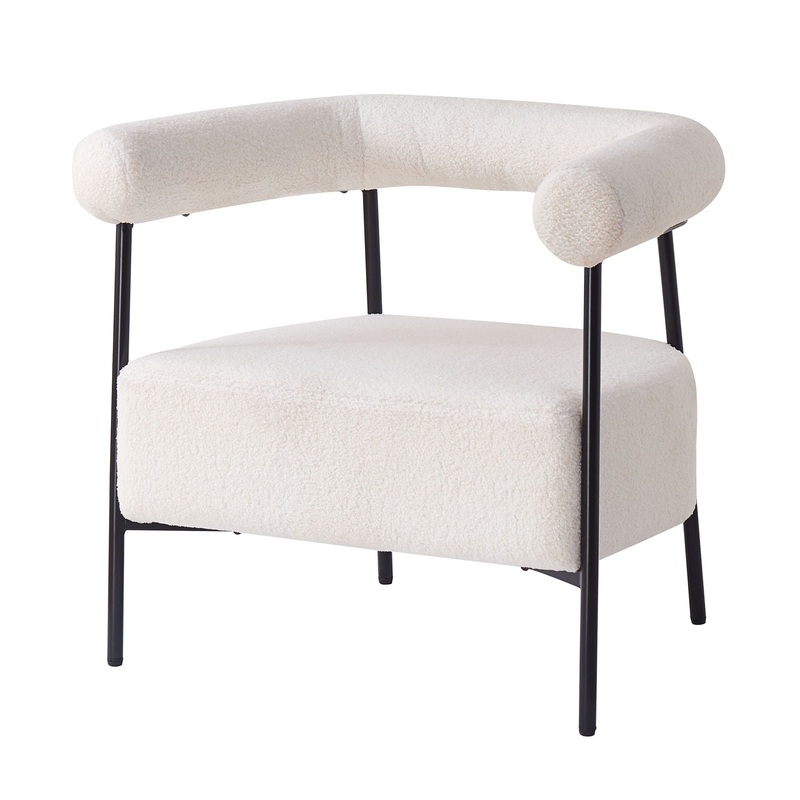 Modern Boucle Fabric Upholstered Accent Chair, Curved Armchair With Metal Frame – White