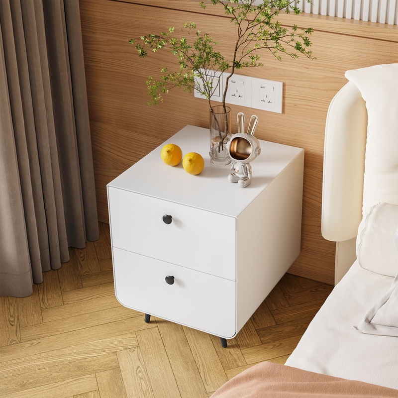 Modern Night Stand Storage Cabinet For Living Room Bedroom, Steel Cabinet With 2 Drawers, Bedside Furniture, Circular Handle – White