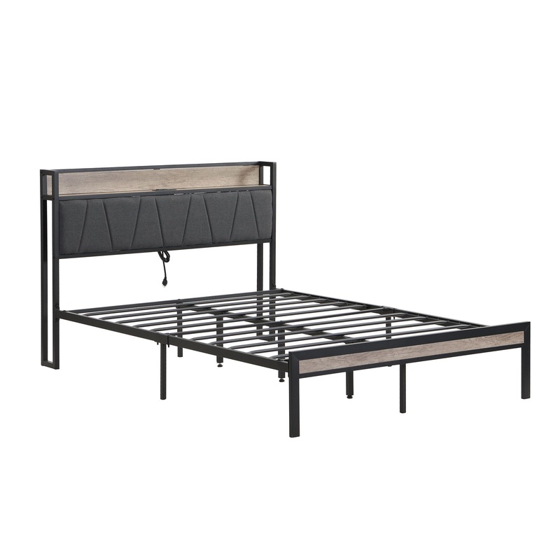 Modern Bed Frame With LED Lights, Upholstered Headboard, USB Charging