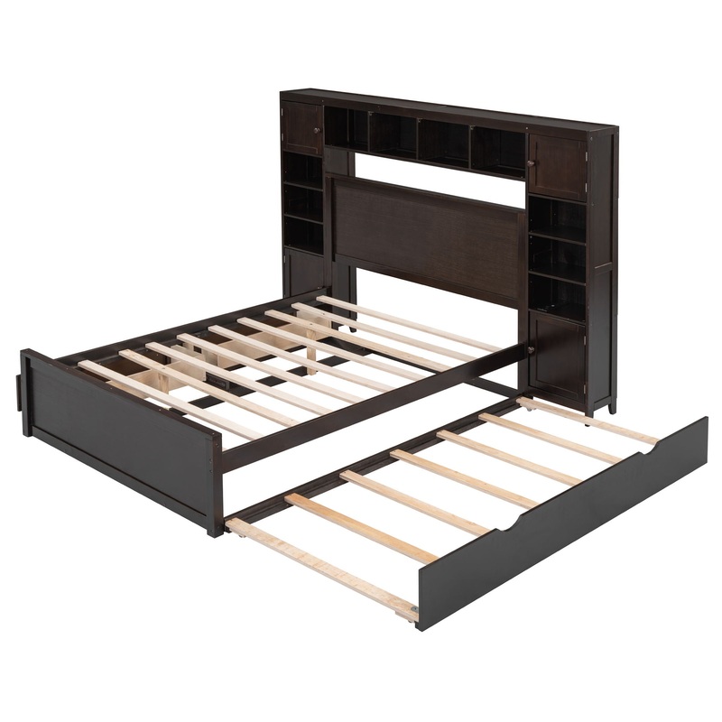 Full Size Bed With All In One Cabinet, Shelf And Sockets, Twin Size Trundle – Espresso
