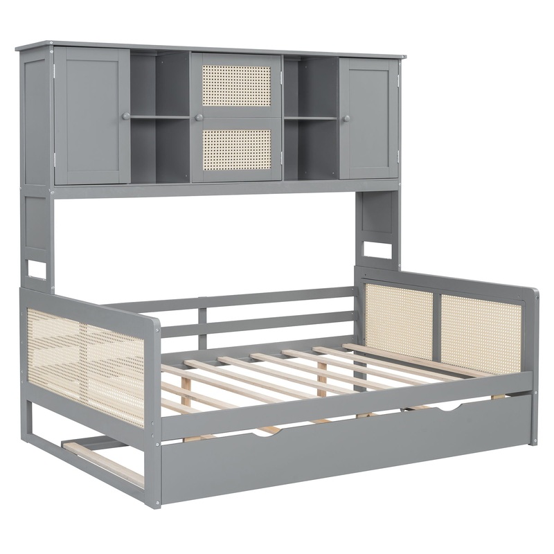 Full Size Wooden Daybed & Twin Size Trundle, And All In One Cabinet And Shelf – Gray