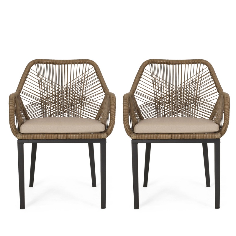 Modern Wicker Dining Club Chair With Water Resistant Cushions – Brown / Beige
