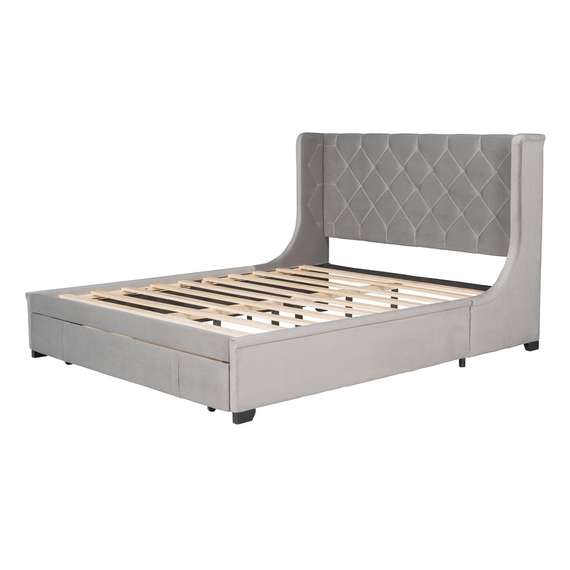 Queen Size Storage Upholstered Platform Bed With Wingback Headboard And A Big Drawer – Gray
